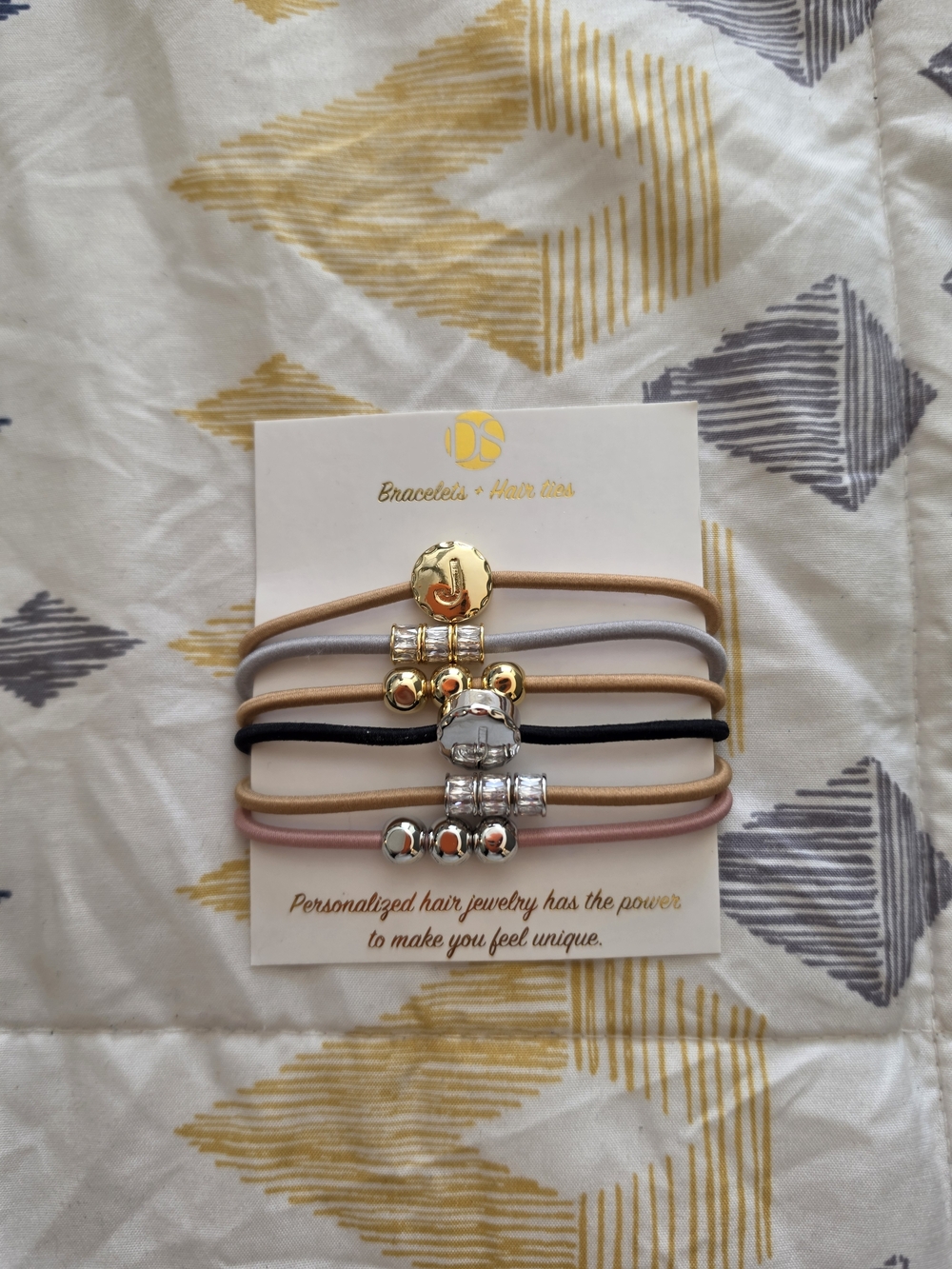 Set of 5 Metallic Charm Hair Ties - Gold, Silver, Black, Pink, Tan